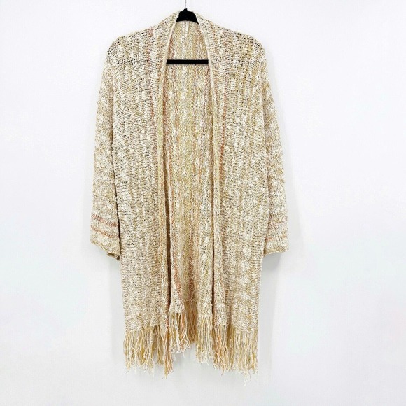 Free People Lucia Cardigan Sweater Size M/L Striped Multicolor Fringe Trim Open - Picture 3 of 9